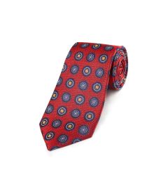 Red with Navy Floral Medallion Design Silk Tie