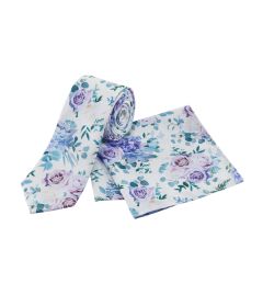 White / Purple Floral Tie and Pocket Square