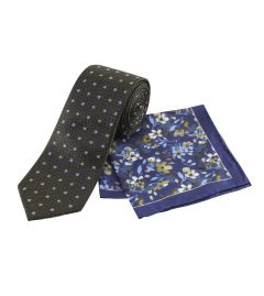Green Floral Textured Silk Tie and Floral Pocket Square