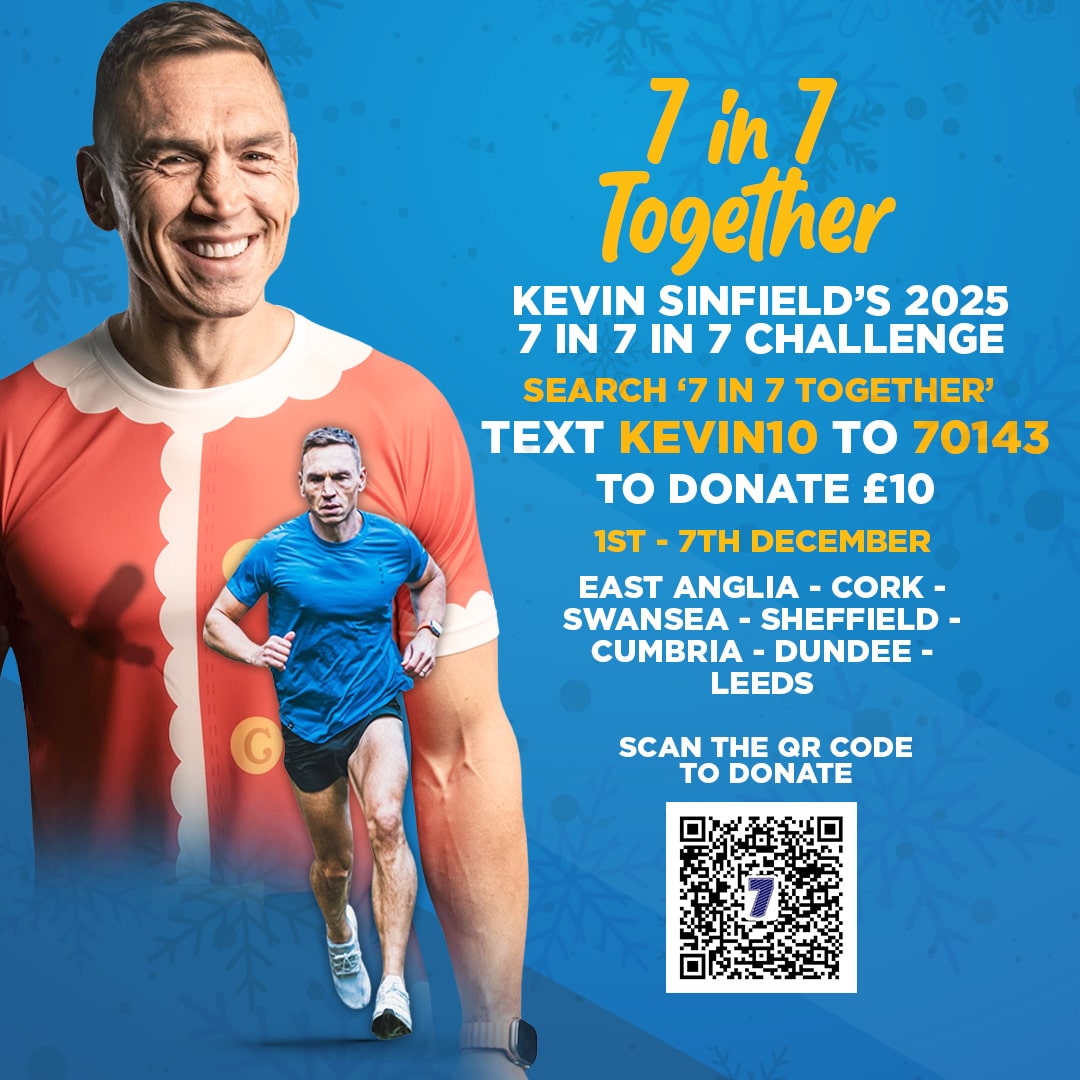 Kevin Sinfield's 2025 7 in 7 Challenge. Text KEVIN10 to 70143 to donate £10